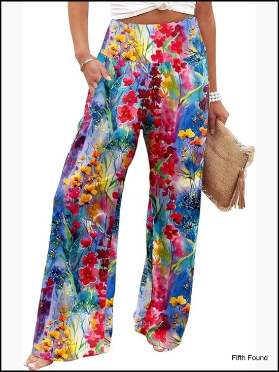Pants - Wide Leg Palazzo Lounge Pants with Pockets High Waist Flowy